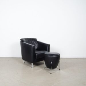 Artanova Fauteuil Zwart Leer + Hocker