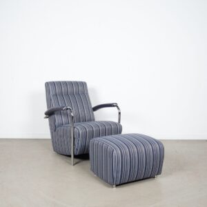 Leolux Scylla Fauteuil Blauw Gestreept Stof/Leer + Hocker
