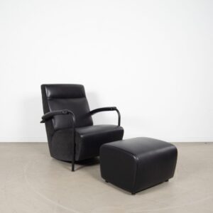 Leolux Scylla Fauteuil Hoog Zwart Leer/Stof + Hocker