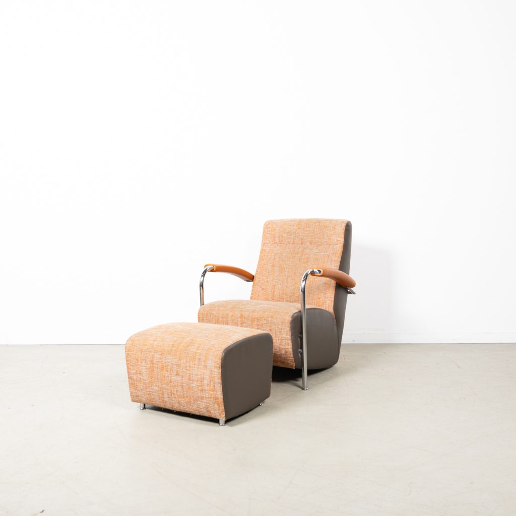Leolux Scylla Hoog Fauteuil Oranje/Grijs Stof/Leer + Hocker - Image 3
