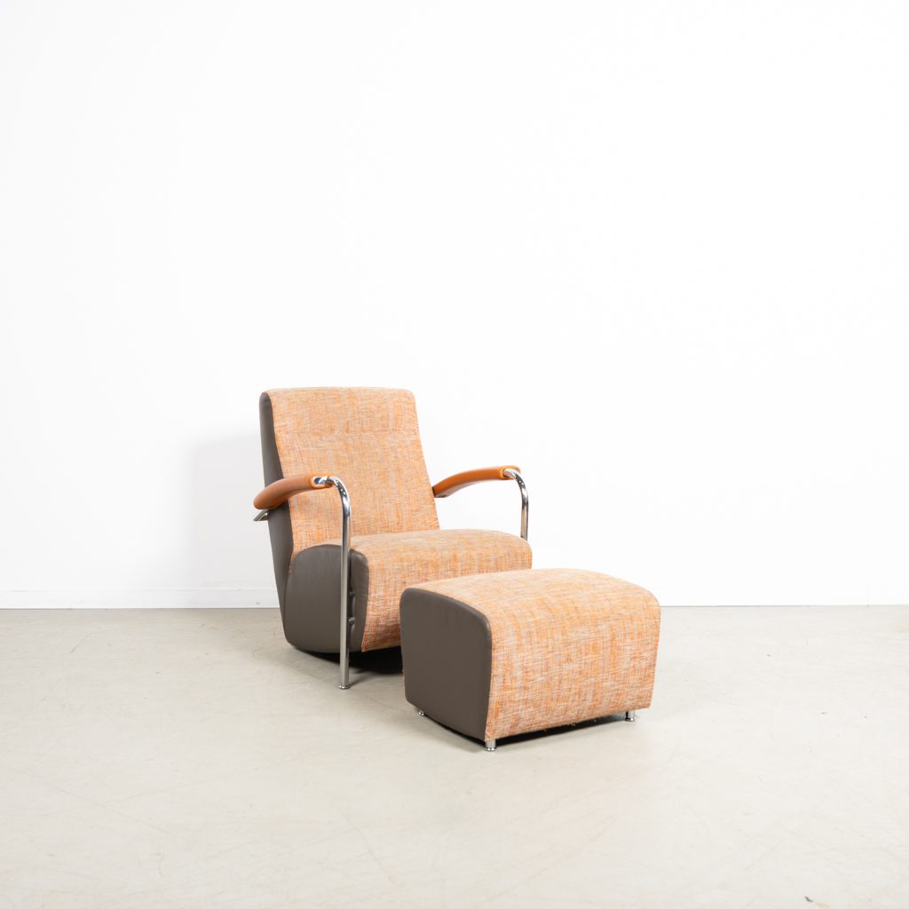 Leolux Scylla Hoog Fauteuil Oranje/Grijs Stof/Leer + Hocker