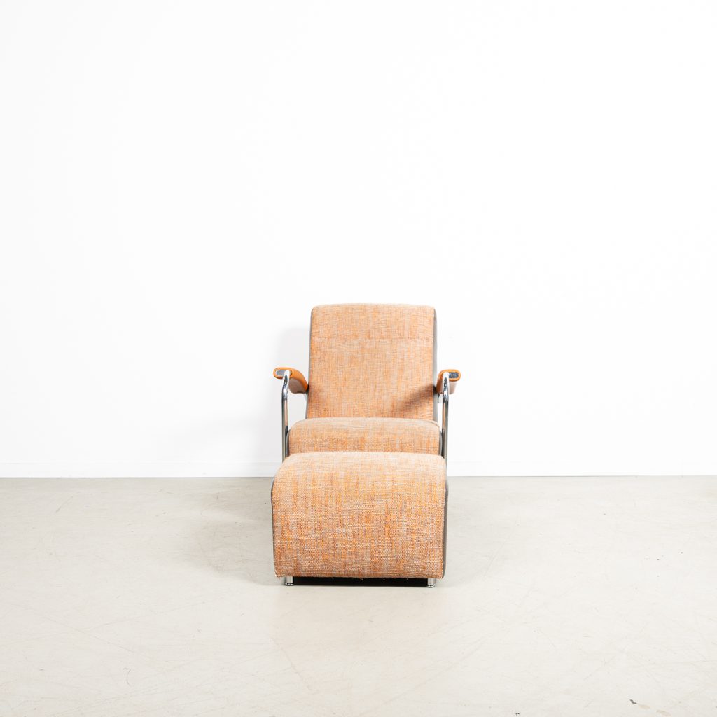 Leolux Scylla Hoog Fauteuil Oranje/Grijs Stof/Leer + Hocker - Image 2