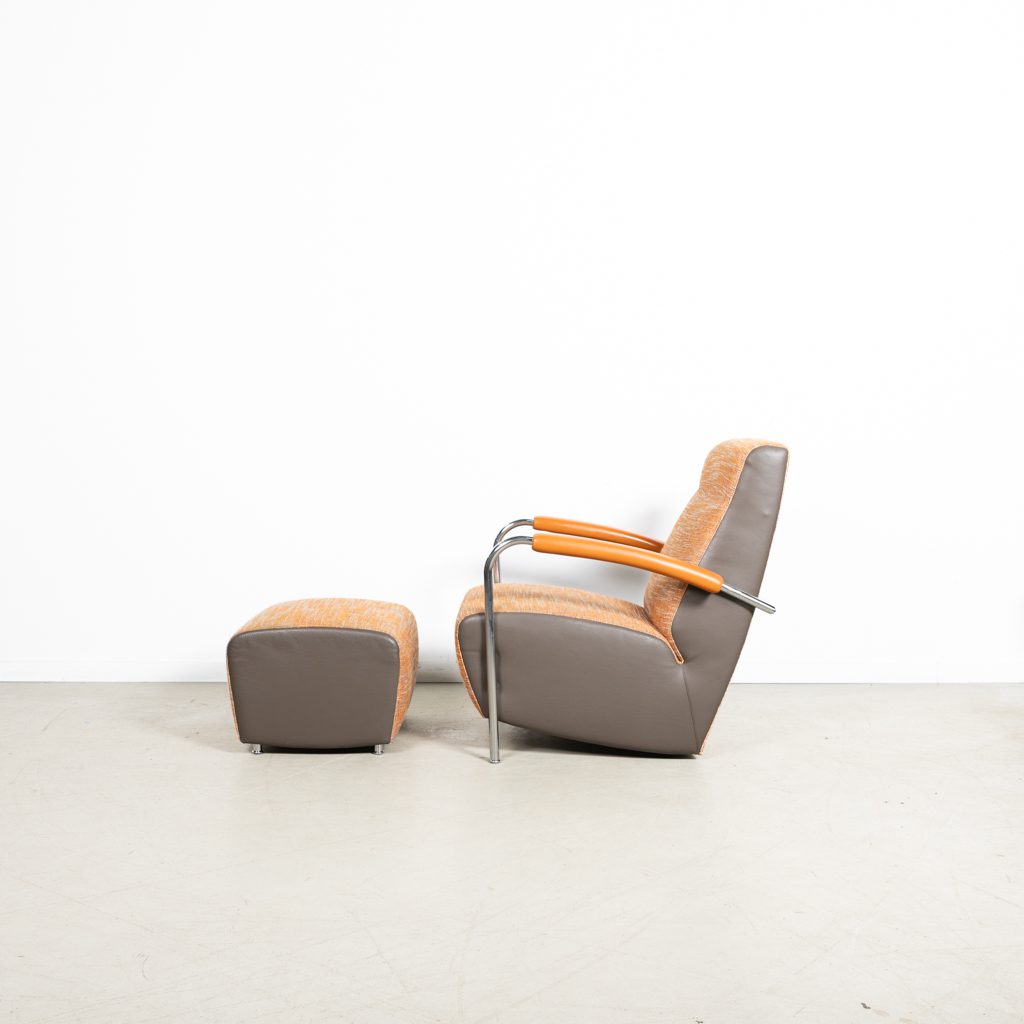 Leolux Scylla Hoog Fauteuil Oranje/Grijs Stof/Leer + Hocker - Image 4