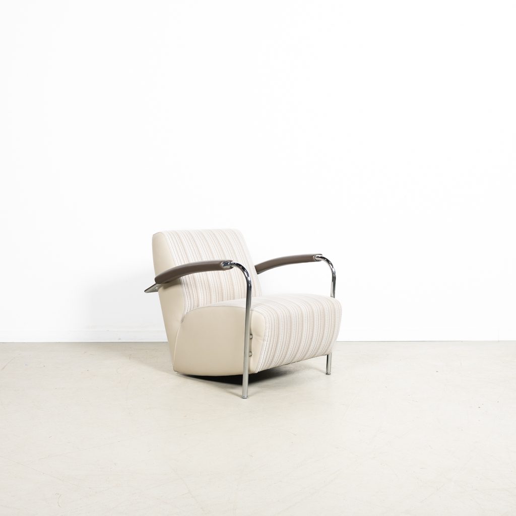 Leolux Scylla Laag Fauteuil Crème Gestreept Stof/Leer