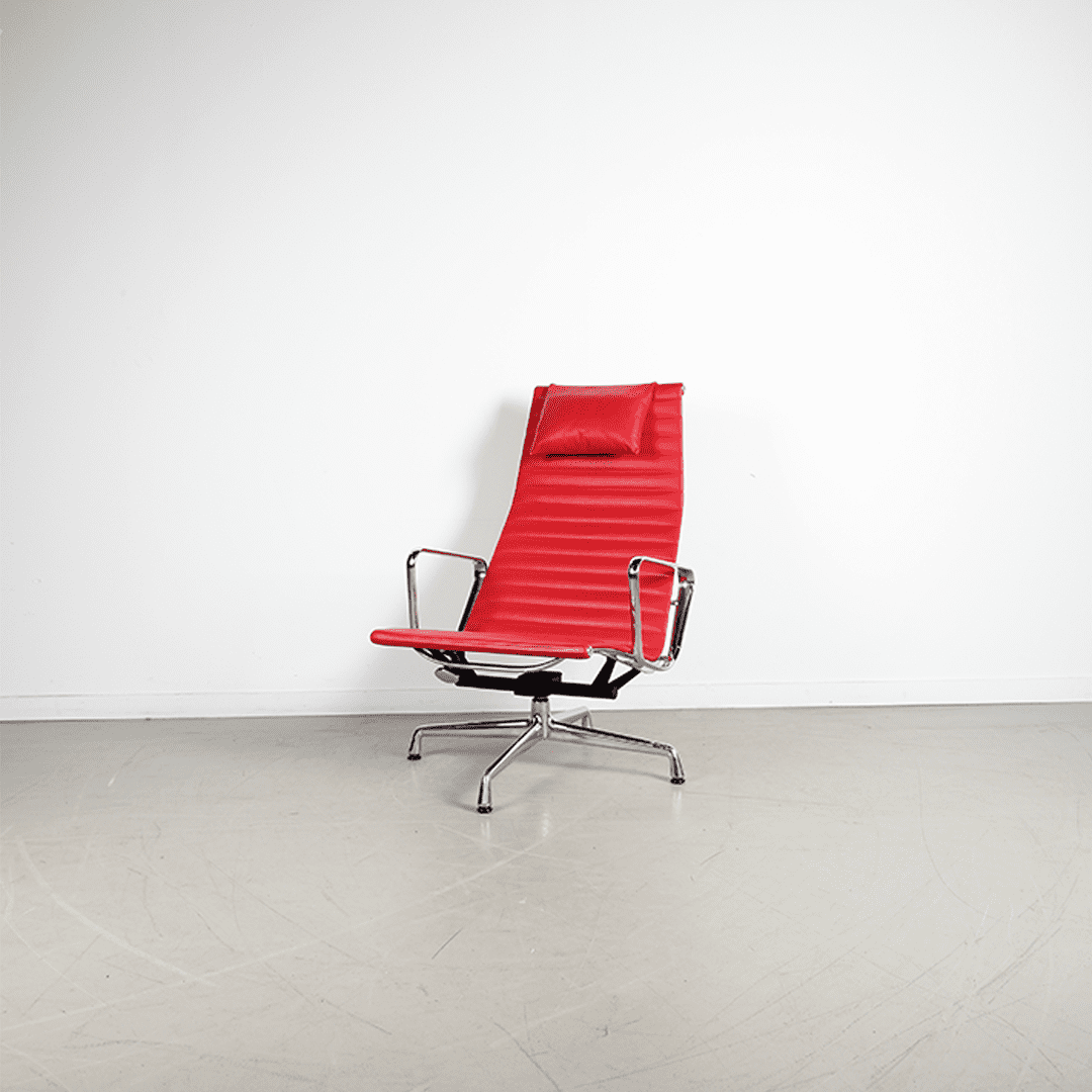 Vitra Eames EA 124 Fauteuil Rood Leer - Chroom + Hocker - Image 4