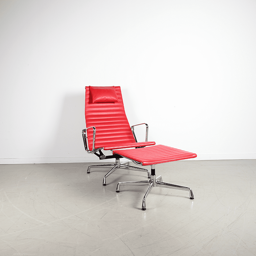 Vitra Eames EA 124 Fauteuil Rood Leer - Chroom + Hocker