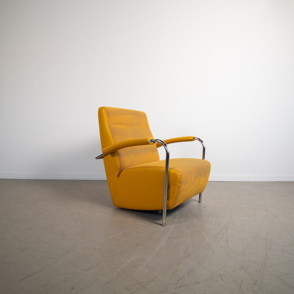 Leolux Scylla Hoog Fauteuil Geel Leer/Stof + Hocker - Image 2