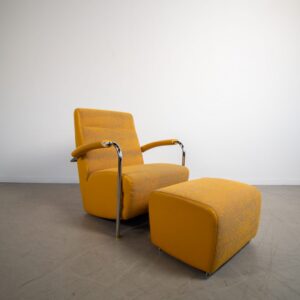 Leolux Scylla Hoog Fauteuil Geel Leer/Stof + Hocker